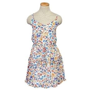 by & by Dress Spaghetti Straps V Neck Ruffles Floral Blue Orange Size Large L